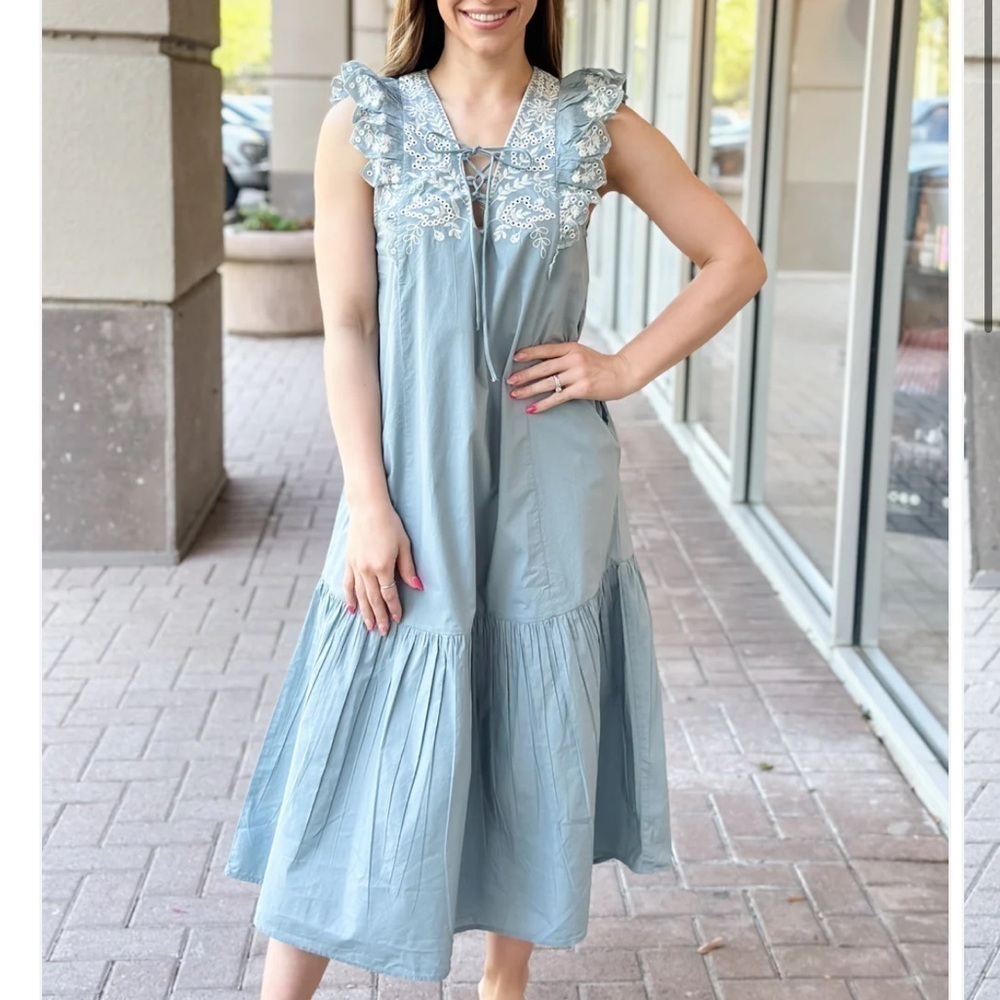brand New Elan Georgia Midi prairie embroidered Dress Blue Natural small women’s